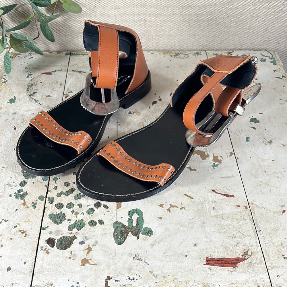 Zadig & Voltaire Tan and Black Studded Leather Sandals